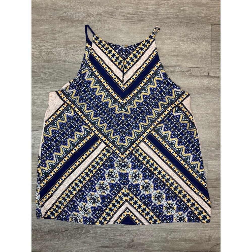 Blue Geometric Floral Sleeveless Tank Top Adjustable Strap Boho Festival Women M